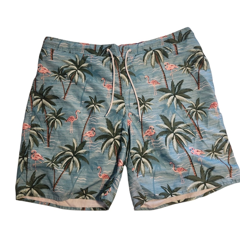 St Johns Bay Swim‎ Trunks Blue Hawaiian Flamingos Drawstring Mesh Lined 3XLT